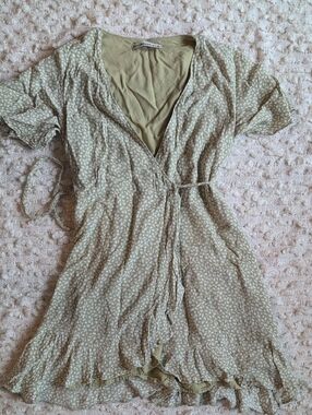Abercrombie & Fitch Small Light Olive Green Mini Wrap Dress Small Dot Patterned